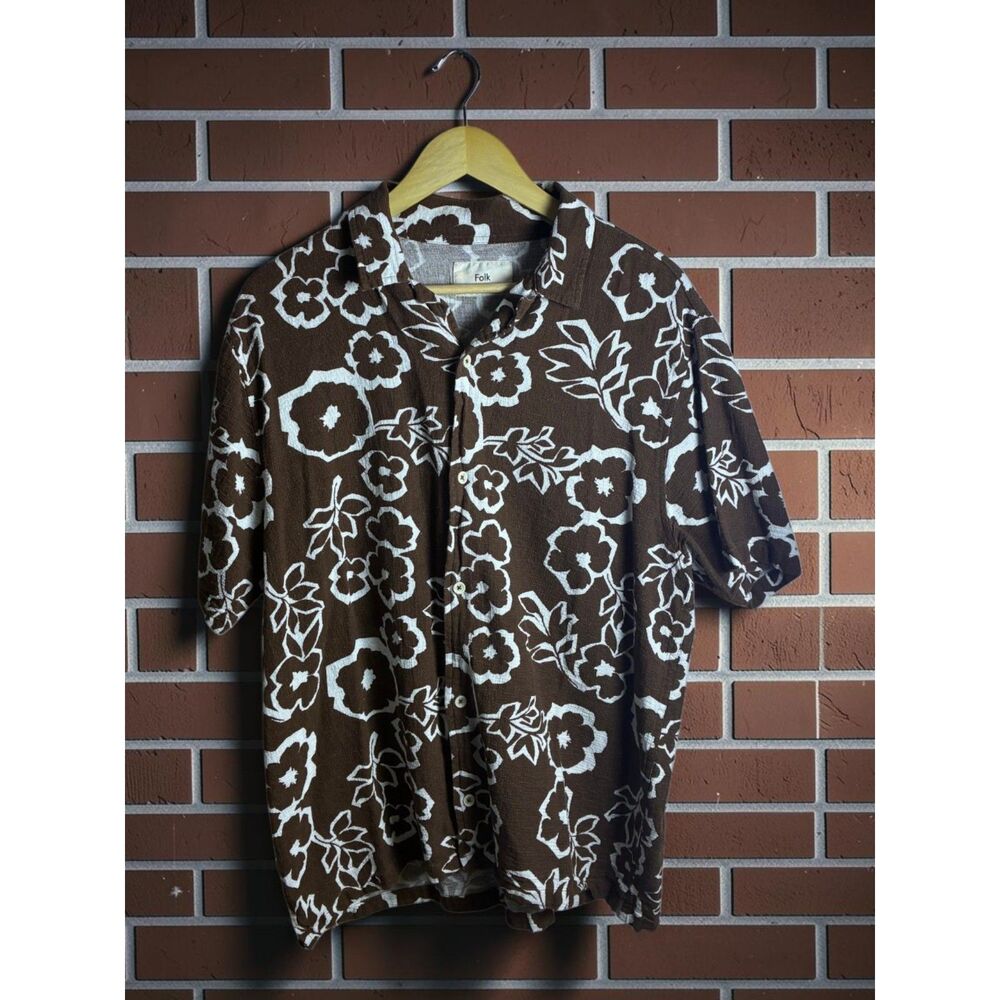 Folk Men's XL Brown Floral Camp Shirt Linen Blend Short Sleeve Button Up